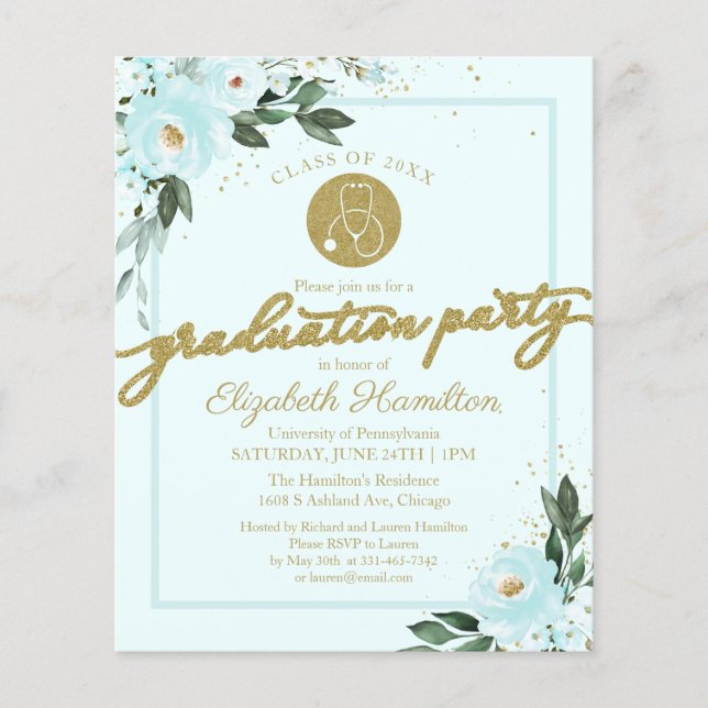 Budget Invitation Nursing School Grad Party Teal (Front)