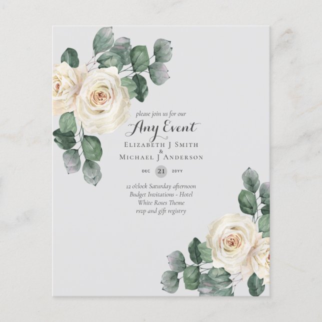 BUDGET INVITATIONS - ANY EVENT - White Roses Flyer (Front)