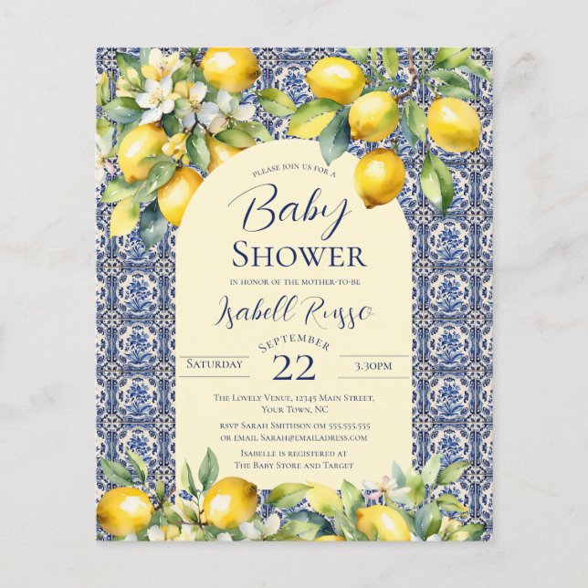 Budget Italian Blue Tiles Watercolor lemon Baby  (Front)