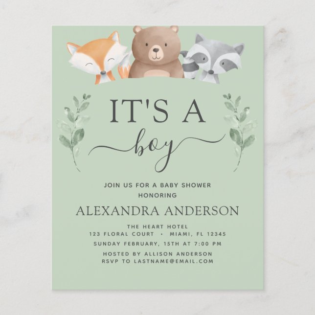 Budget It's a Boy Baby Shower Woodland Greenery Flyer (Front)