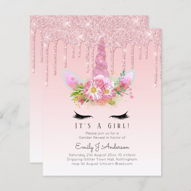 BUDGET It's A Girl Glittery Unicorn Baby Shower (Front/Back)