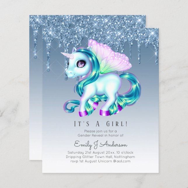 BUDGET It's A Girl Glittery Unicorn Baby Shower (Front/Back)