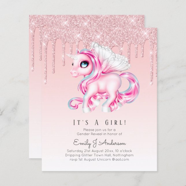 BUDGET It's A Girl Glittery Unicorn Baby Shower (Front/Back)