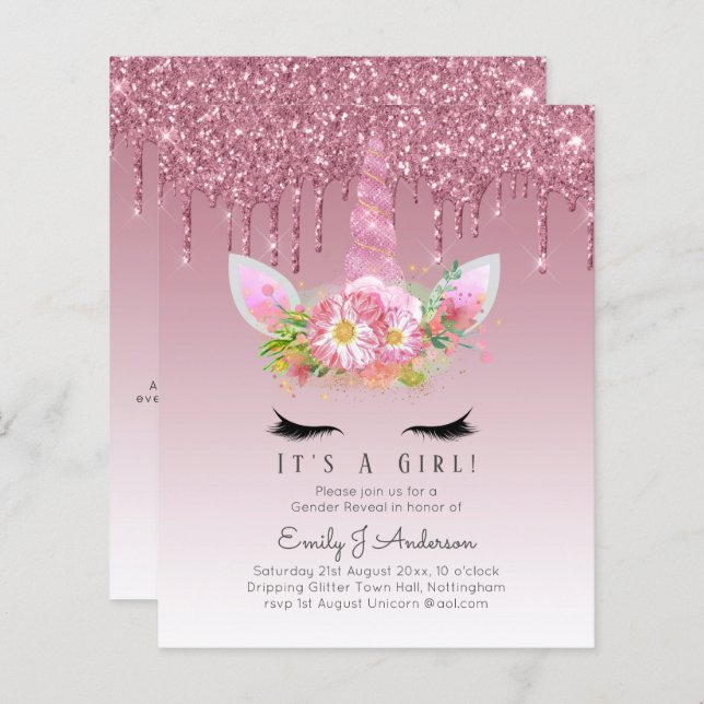 BUDGET It's A Girl Glittery Unicorn Baby Shower (Front/Back)