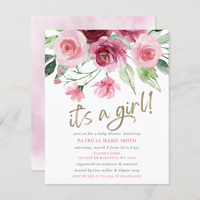 Budget Its a girl Pink Burgundy Floral Baby Shower (Front/Back)