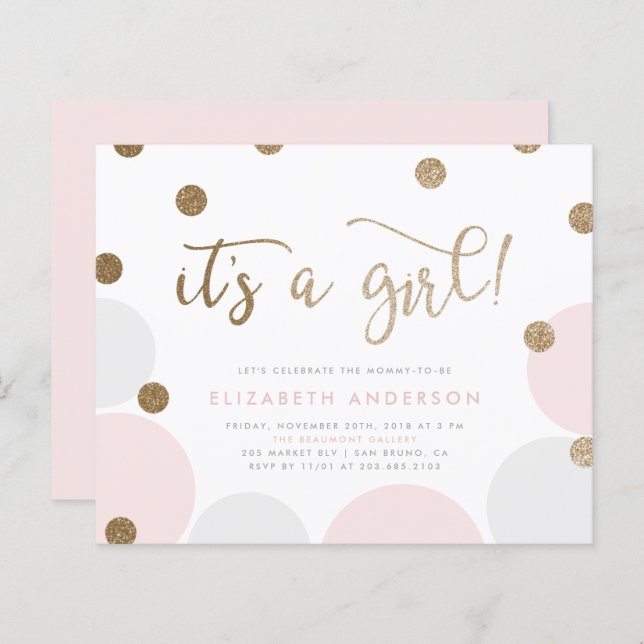 Budget It's a Girl Pink Gold Confetti Baby Shower (Front/Back)