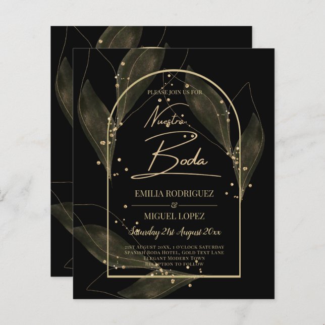 BUDGET Jet Black Gold Leaves Wedding INVITE (Front/Back)
