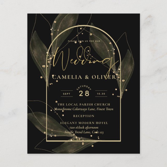 BUDGET Jet Black Gold Leaves Wedding INVITE Flyer (Front)