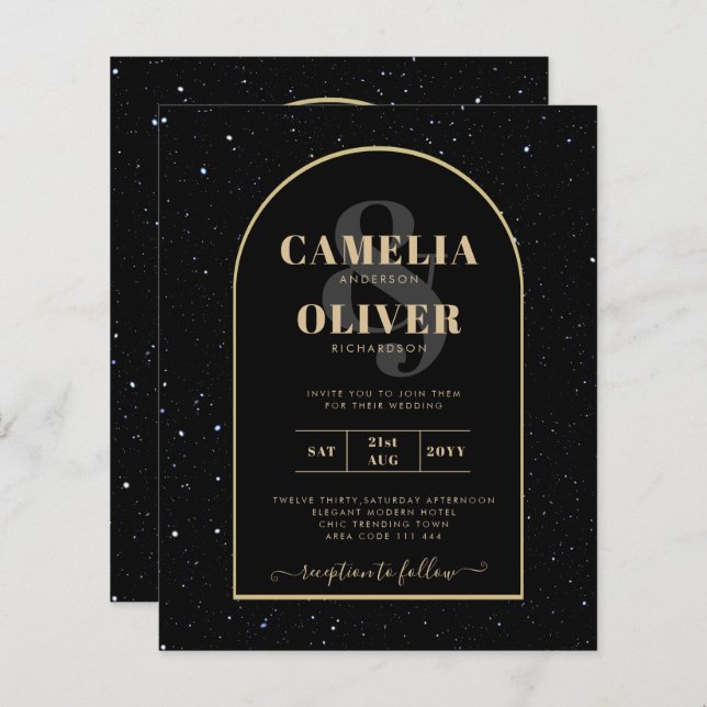 BUDGET Jet BLACK GOLD Starry Night Wedding INVITE (Front/Back)