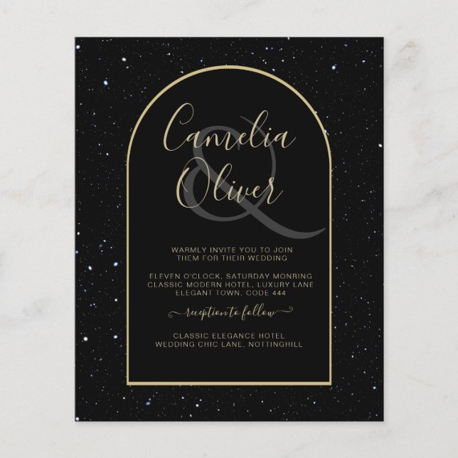 BUDGET Jet BLACK GOLD Starry Night Wedding INVITE Flyer (Front)