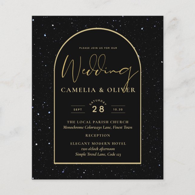 BUDGET Jet BLACK GOLD Starry Night Wedding INVITE Flyer (Front)