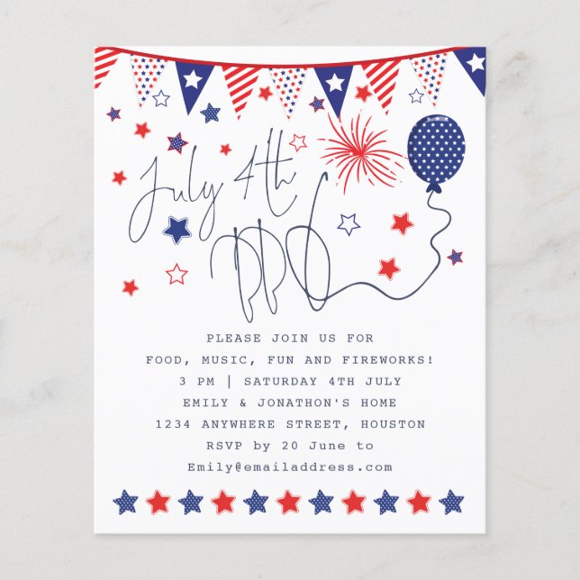 Budget July 4th Red White Blue Stars Script Invite (Front)