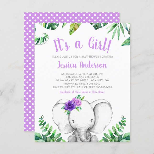 Budget Jungle Elephant Girl Purple Baby Shower (Front/Back)