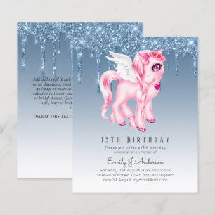 BUDGET Kids Birthday Invite Blue Unicorn Glitter
