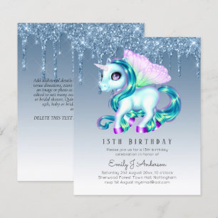 BUDGET Kids Birthday Invite Blue Unicorn Glitter