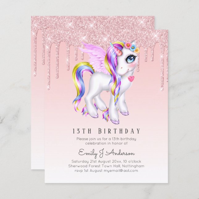 BUDGET Kids Birthday Invite Pink Unicorn (Front/Back)
