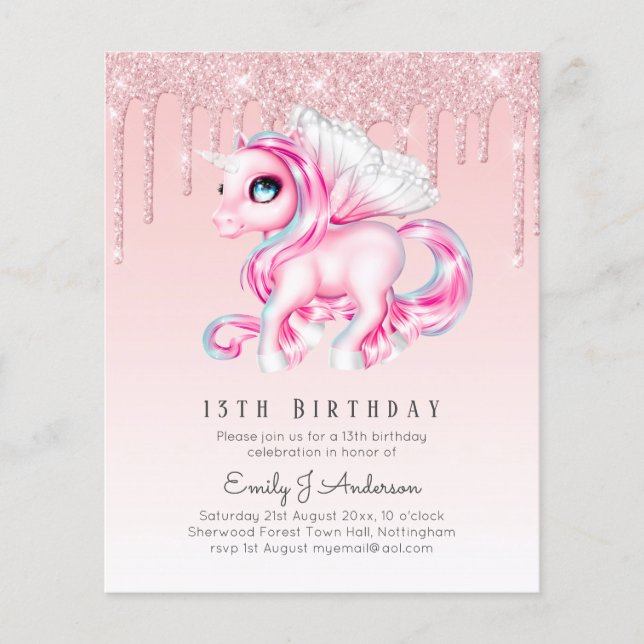 BUDGET Kids Birthday Invite Pink Unicorn Flyer (Front)