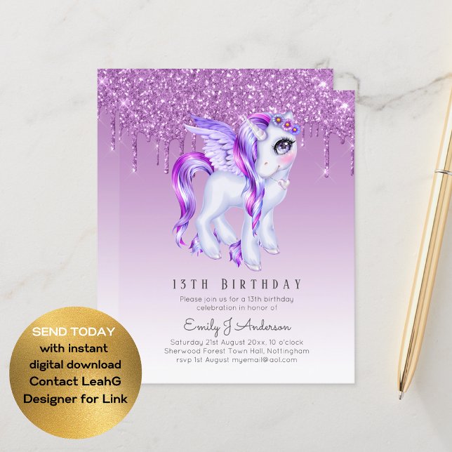BUDGET Kids Birthday Invite Purple Unicorn (Creator Uploaded)
