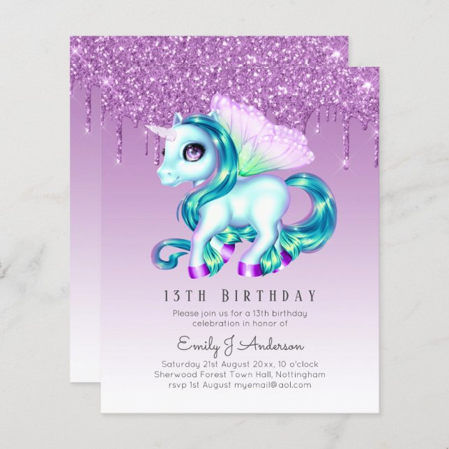 BUDGET Kids Birthday Invite Purple Unicorn (Front/Back)