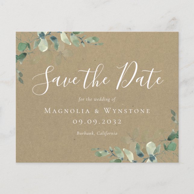 BUDGET Kraft Eucalyptus Wedding Save The Date (Front)
