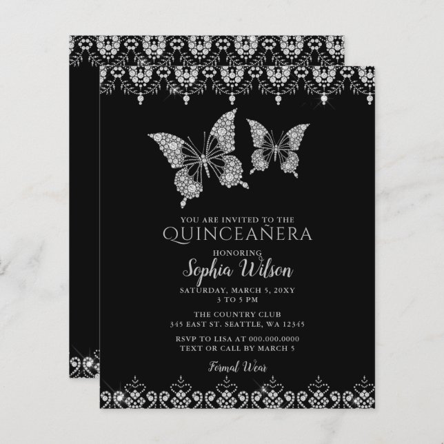 Budget Lace Butterflies Quinceañera Invitation (Front/Back)