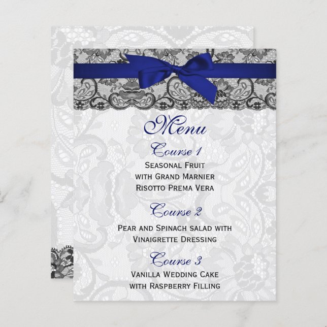 Budget Lace Ribbon Navy Wedding Menu Cards (Front/Back)