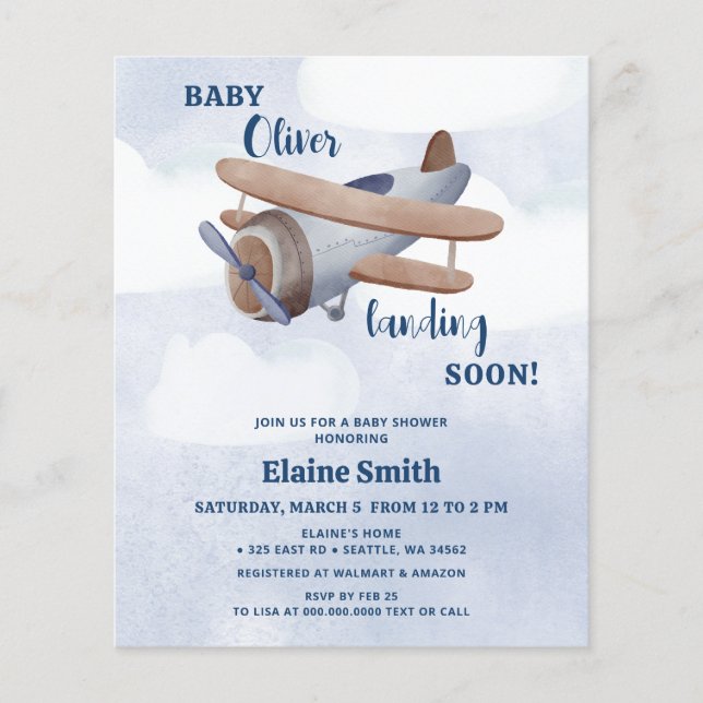 Budget Landing Soon Blue Boy Aeroplane Baby Shower (Front)
