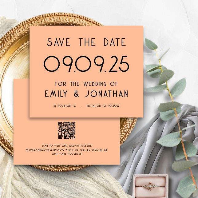 Budget Large Text Peach Wedding Save Date (Frotn and back view. Budget priced smaller 4.5 x 5.6" alternative)