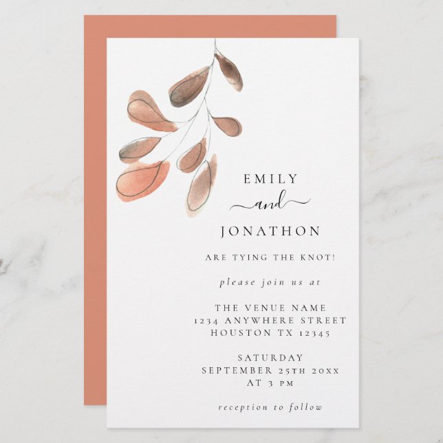 Budget Larger Size Leaves Coral Wedding Invitation (Front/Back)