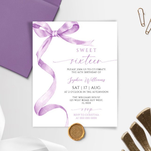 Budget Lavender Bow Sweet 16 Birthday Invitation (Creator Uploaded)