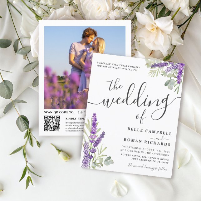 Budget Lavender Floral QR Code Wedding Invitation (Creator Uploaded)