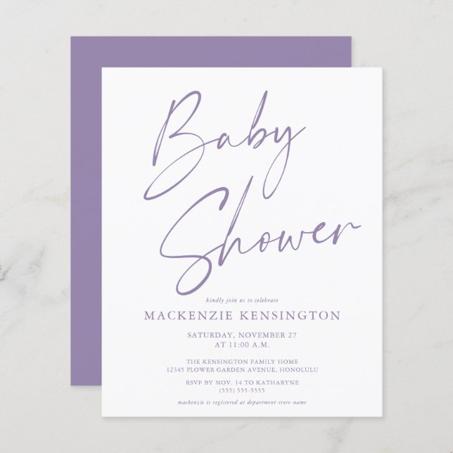 Budget Lavender Handwritten Script Baby Shower (Front/Back)