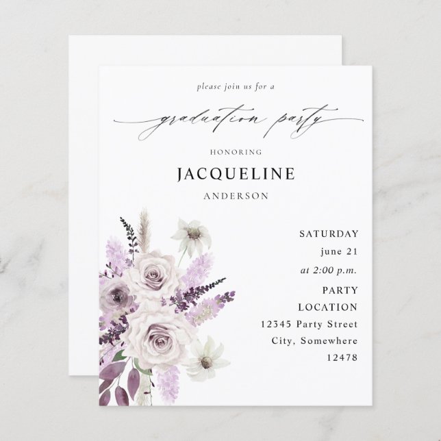 Budget Lavender Purple Floral Graduation Party (Front/Back)