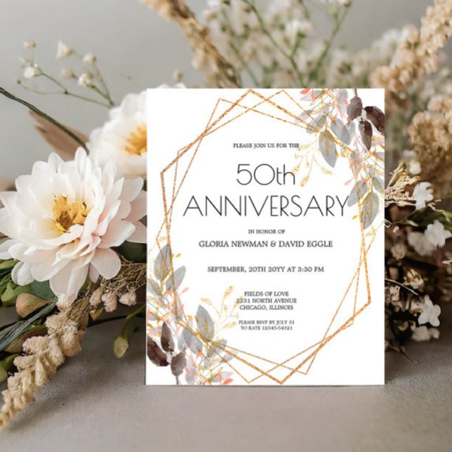 Budget Leafy Gold Geometric Wedding Invitation (Creator Uploaded)