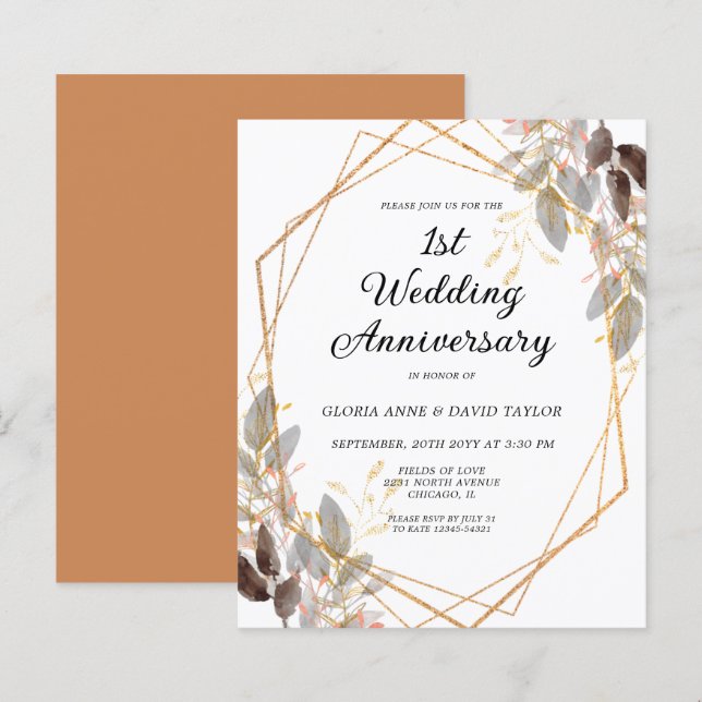 Budget Leafy Gold Wedding Anniversary Invitation (Front/Back)