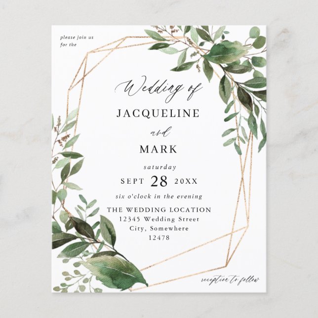 Budget Leaves & Eucalyptus Gold Wedding Flyer (Front)