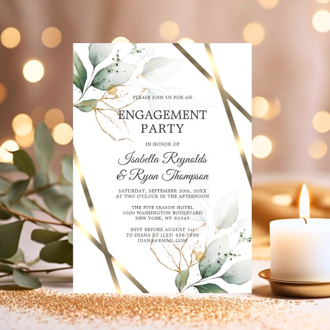 BUDGET Leaves Gold Watercolor ENGAGEMENT PARTY Invitation (BUDGET Leaves Gold Watercolor ENGAGEMENT PARTY Invitation)
