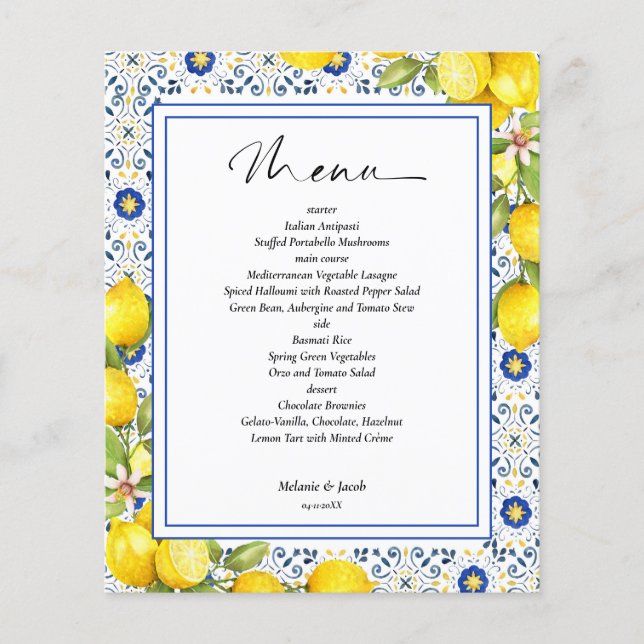 Budget Lemon Blue Tiles wedding Menu Flyer (Front)