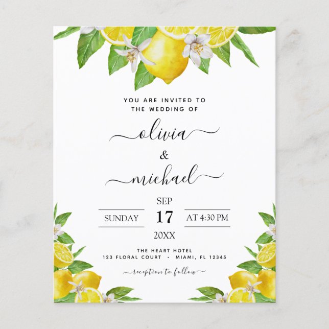 Budget Lemon Citrus Yellow Wedding Invitation Flyer (Front)
