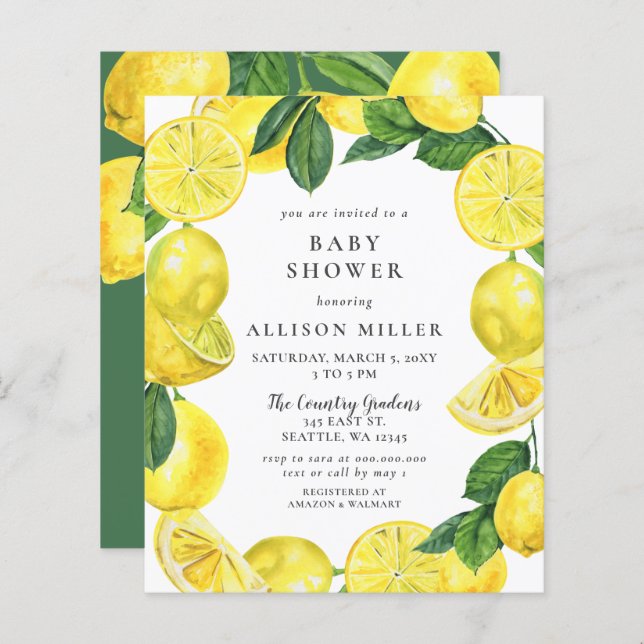 Budget Lemon Gender Neutral Baby Shower Invitation (Front/Back)