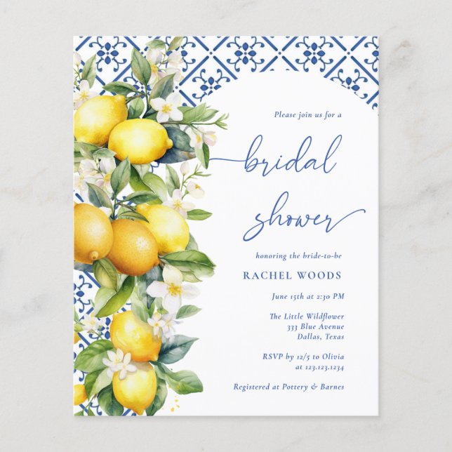 Budget Lemon Mediterranean Bridal Shower Invites (Front)