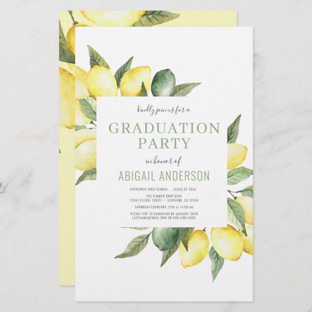Budget Lemon Modern Grad Party 2023 Invitation (Front/Back)
