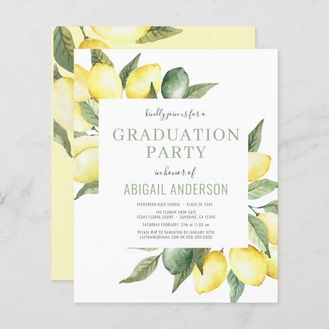 Budget Lemon Modern Grad Party 2023 Invitation (Front/Back)