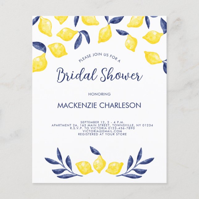 Budget Lemon Watercolor Bridal Shower Invitation Flyer (Front)