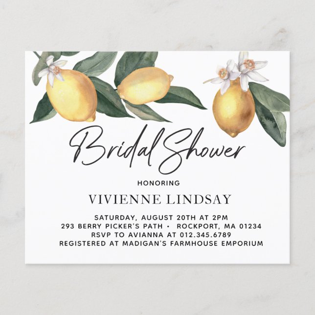 Budget Lemons Greenery Bridal Shower Invitation (Front)
