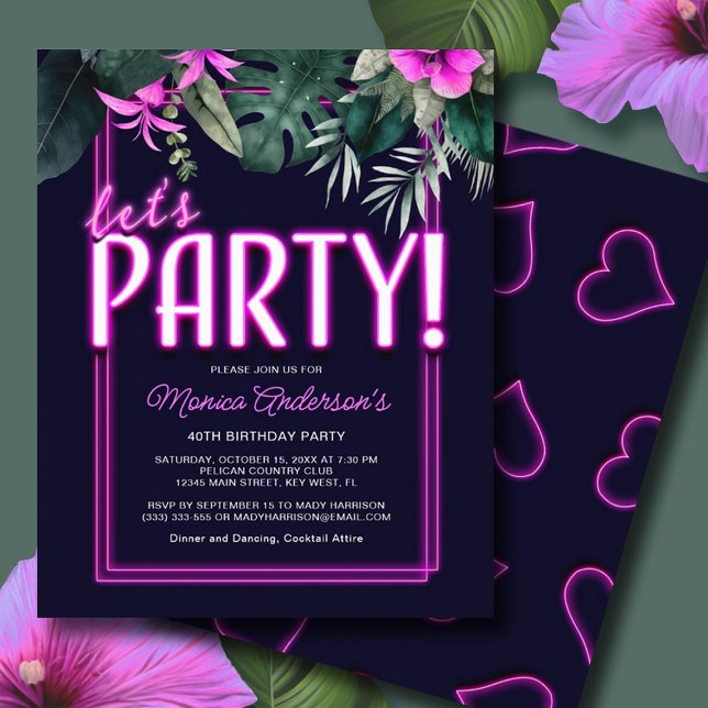 Budget Let's Party Pink Neon Tropical Birthday Flyer (Budget Let's Party Pink Neon Tropical Birthday Flyer)