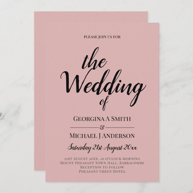 BUDGET Light Dusty Rose Pink Monochrome Wedding Invitation (Front/Back)