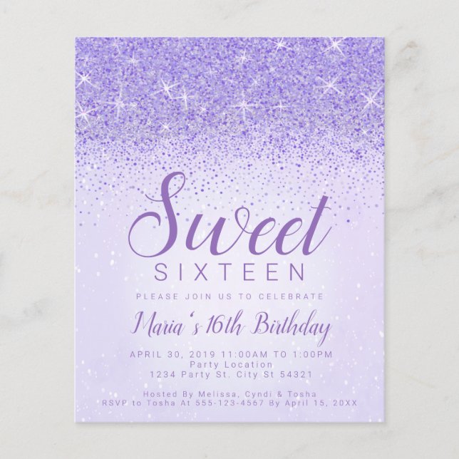 Budget Light Purple Glitter, Sweet 16 Invitations (Front)