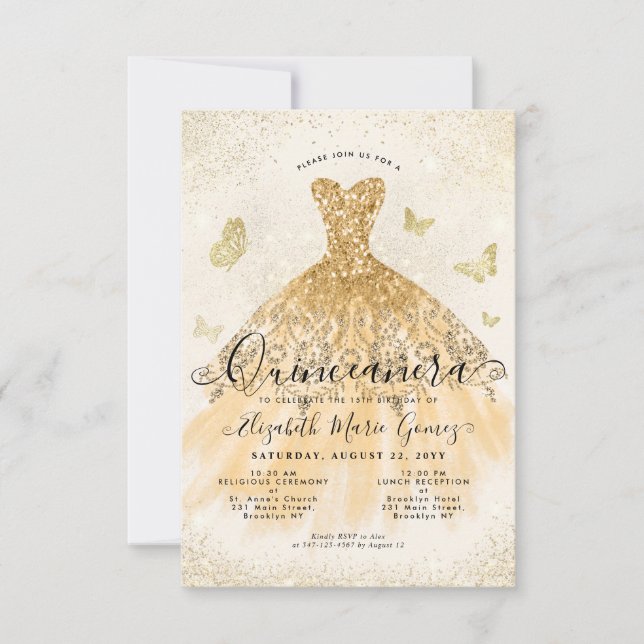 Budget Light Yellow Gold Glitter Gown Quinceanera Card (Front)