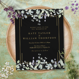 Budget Lilac Floral Black Gold Wedding Invitation